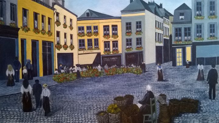 Painting titled "Place du marché" by Bernadette Huynen, Original Artwork, Oil