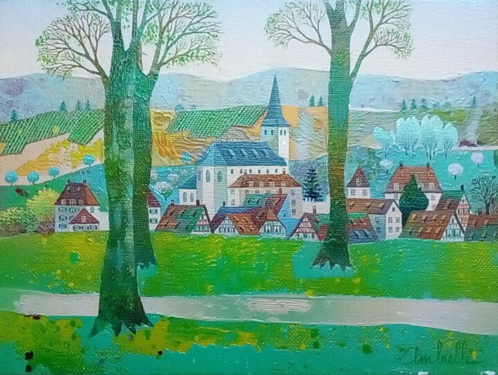 Malerei mit dem Titel "Verte campagne" von Bernard Ambielle, Original-Kunstwerk, Öl