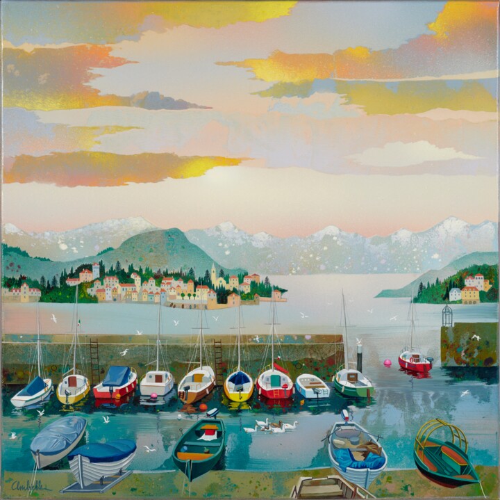 Painting titled "RIVA LAGO" by Bernard Ambielle, Original Artwork, Oil Mounted on Wood Stretcher frame
