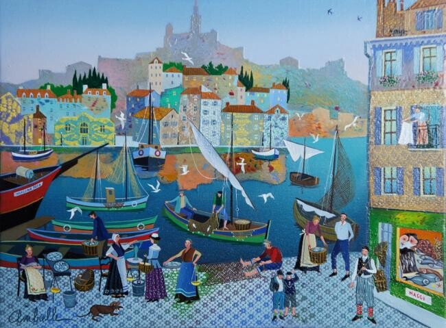 Pintura titulada "LE QUARTIER DES PÊC…" por Bernard Ambielle, Obra de arte original, Oleo