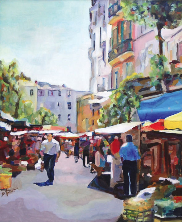 Painting titled "Marché provençal" by Bernard Amiot, Original Artwork, Oil Mounted on Wood Stretcher frame