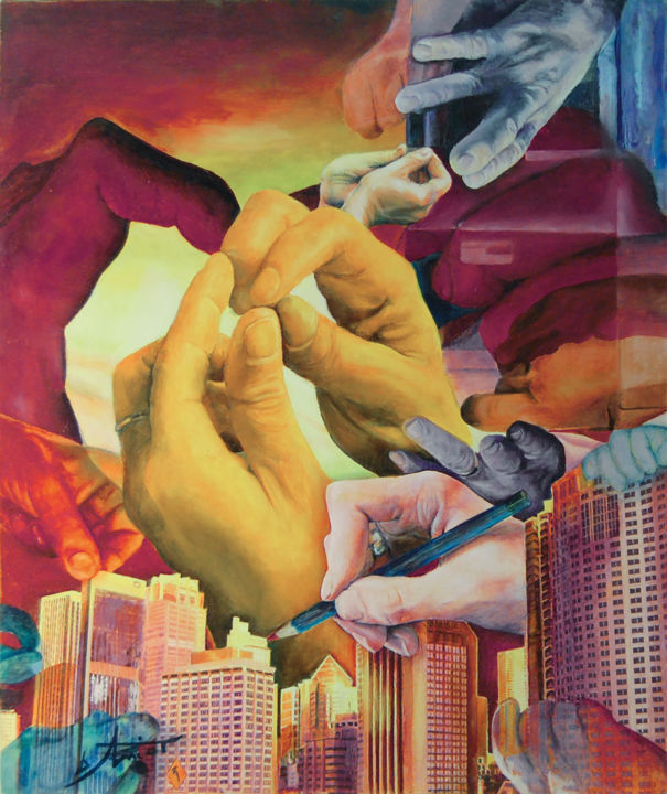 Peinture intitulée "monde en effervesce…" par Bernard Amiot, Œuvre d'art originale, Huile Monté sur Châssis en bois