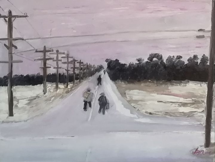 Painting titled "Hobos on the road" by Bernard Beneito, Original Artwork, Oil