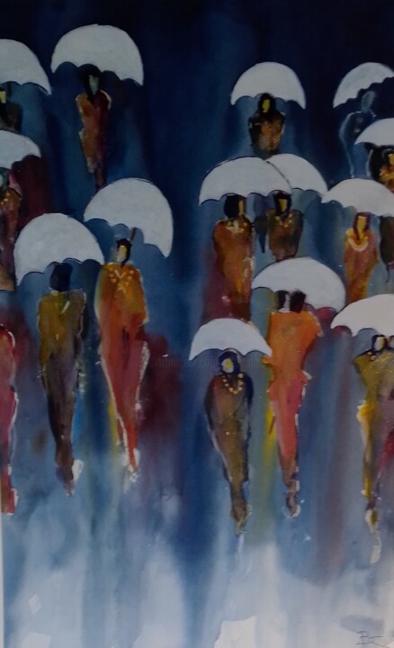 Schilderij getiteld "Les ombrelles de so…" door Bernard Courtalon (courtaloni), Origineel Kunstwerk, Aquarel