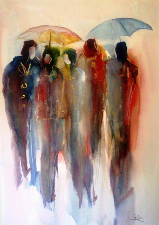 Malarstwo zatytułowany „les-ombrelles-50x70…” autorstwa Bernard Courtalon (courtaloni), Oryginalna praca, Akwarela