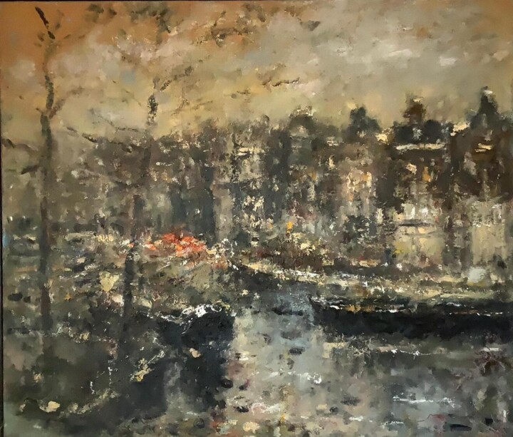 Painting titled ""Winter Amsterdam"" by Bernard De Wolff, Original Artwork, Oil Mounted on Wood Stretcher frame