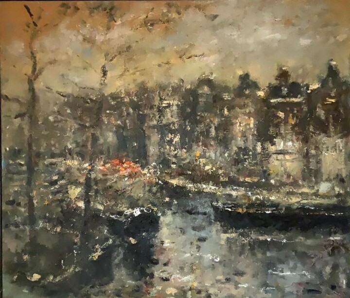 Peinture intitulée ""Winter Amsterdam"" par Bernard De Wolff, Œuvre d'art originale, Huile Monté sur Châssis en bois