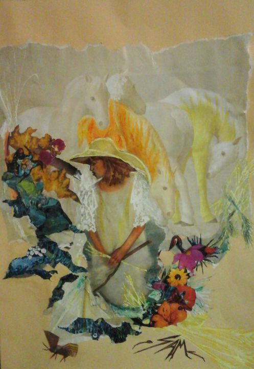 Collages intitulée "LES CHEVAUX DE LADY…" par Sam De Beauregard, Œuvre d'art originale, Collages