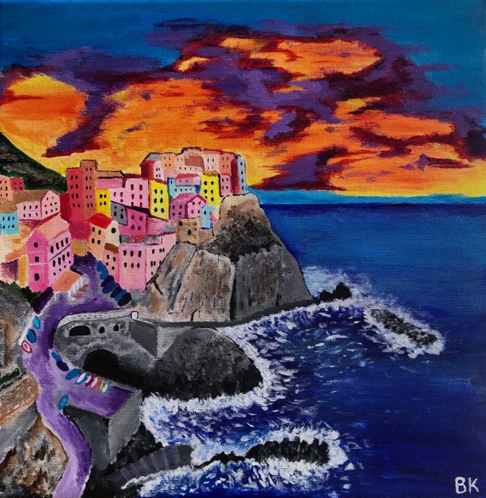 Malarstwo zatytułowany „Cinque Terre Sunset” autorstwa Bernard King, Oryginalna praca, Akryl