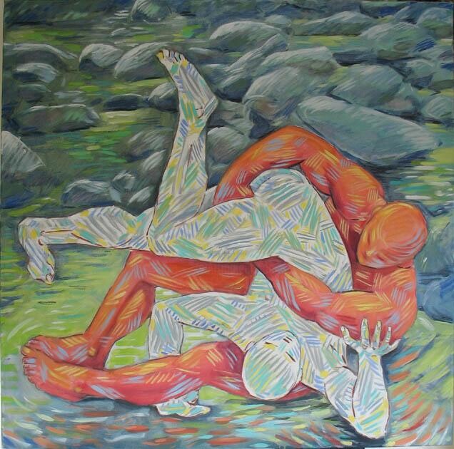 Painting titled "Wrestlers - lutteurs" by Bernard Marie Collet, Original Artwork, Oil