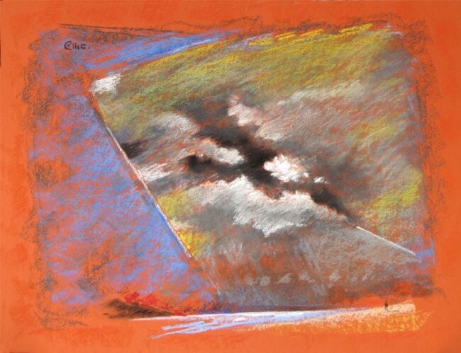 Painting titled "ciel orange" by Bernard Marie Collet, Original Artwork, Pastel Mounted on Cardboard