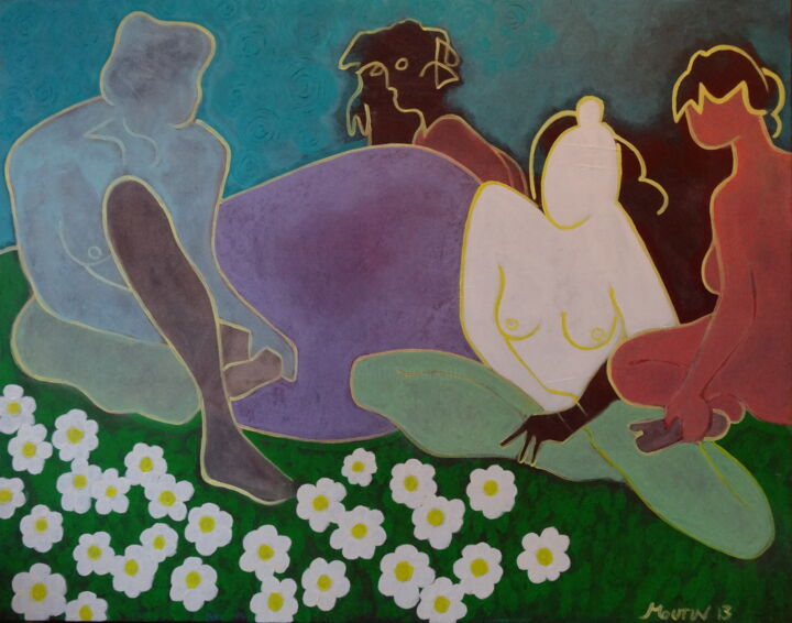 Painting titled "3 femmes dans un pr…" by Bernard Moutin, Original Artwork, Acrylic