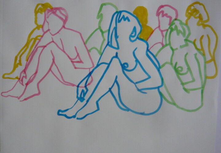 Dibujo titulada "Nus assis" por Bernard Moutin, Obra de arte original