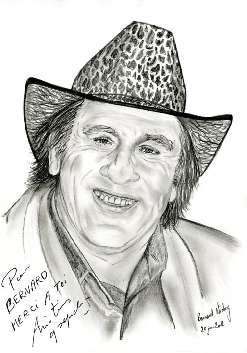 Drawing titled "Gérard Depardieu" by Bernard Niobey, Original Artwork, Pencil