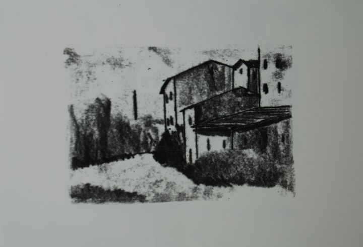 Printmaking titled "paysage basque" by Bernard Olczak, Original Artwork, Monotype Mounted on Cardboard