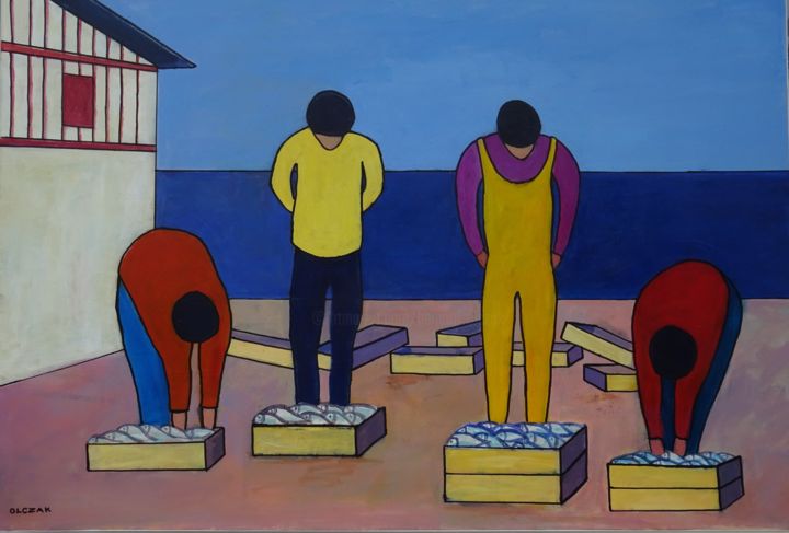 Картина под названием "les pêcheurs.jpg" - Bernard Olczak, Подлинное произведение искусства, Акрил