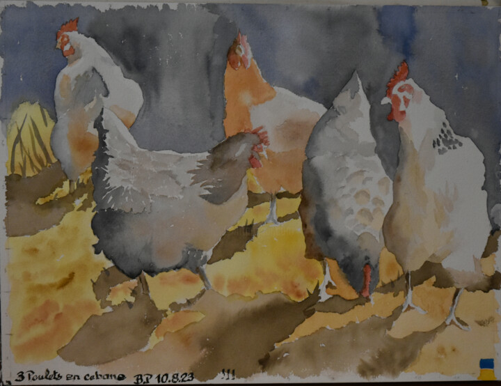 Картина под названием "5 poulets en cabane" - Bernard Pothier, Подлинное произведение искусства, Акварель