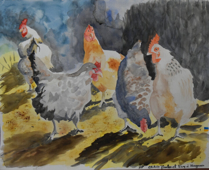 Painting titled "Poules et coq de Hu…" by Bernard Pothier, Original Artwork, Watercolor