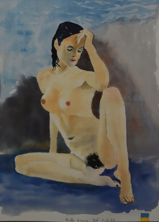 Schilderij getiteld "Belle brune assise" door Bernard Pothier, Origineel Kunstwerk, Aquarel