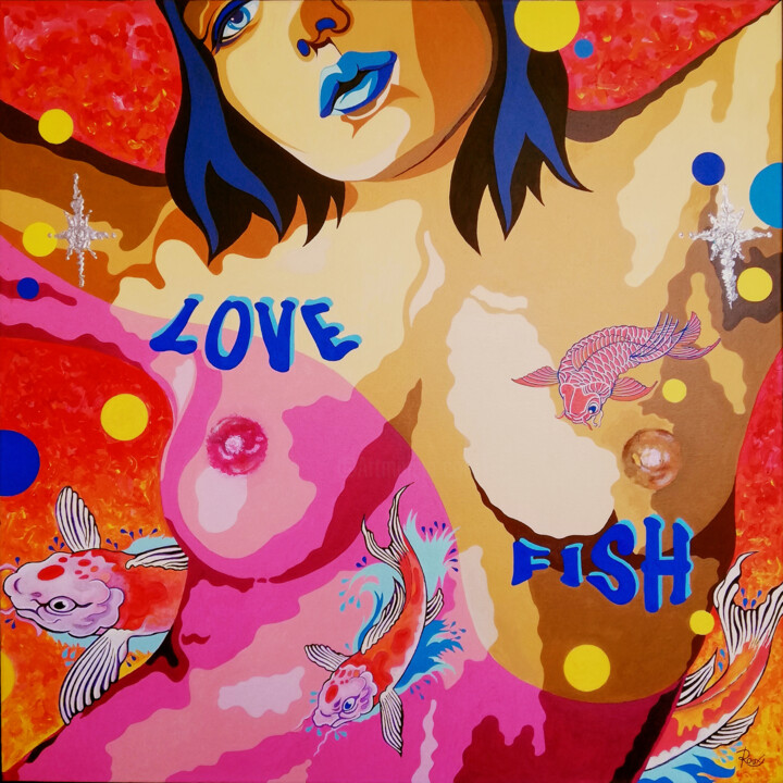 Painting titled "LOVE FISH" by Bernard Roux, Original Artwork, Acrylic