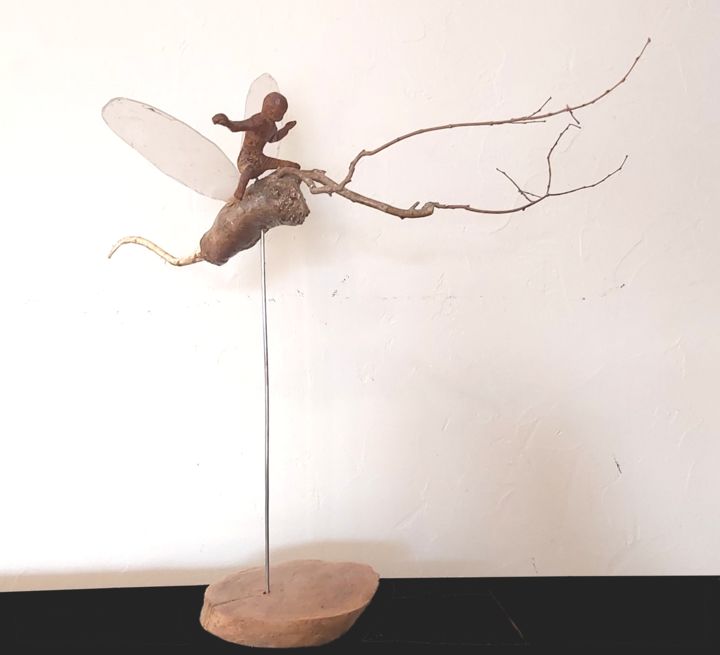 Sculpture titled "Racine volante" by Bernard Sabathé, Original Artwork, Wood