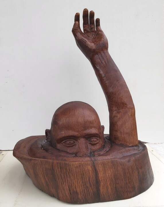 Sculptuur getiteld "Migrant" door Bernard Sabathé, Origineel Kunstwerk, Hout