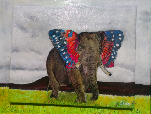 Painting titled "elephant-papillon.j…" by Bernard Sivadier, Original Artwork