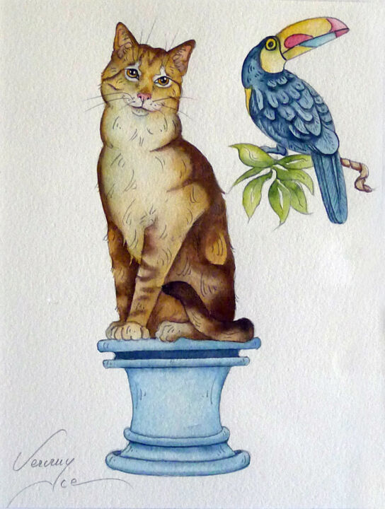 Peinture intitulée "Le chat et le toucan" par Bernard Vercruyce, Œuvre d'art originale, Aquarelle