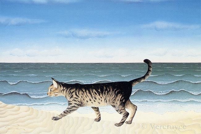 Pittura intitolato "Le chat à la plage" da Bernard Vercruyce, Opera d'arte originale