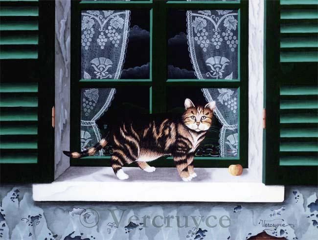 Pintura titulada "Le chat à la fenêtr…" por Bernard Vercruyce, Obra de arte original, Oleo