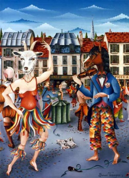 Schilderij getiteld "Le carnaval - 1983" door Bernard Vercruyce, Origineel Kunstwerk, Olie