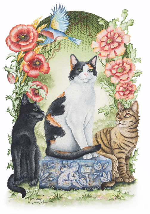 Painting titled "Mes-chats" by Bernard Vercruyce, Original Artwork, Watercolor