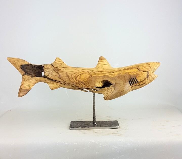 Sculptuur getiteld "Requin" door Bernard Geoffroy, Origineel Kunstwerk, Hout