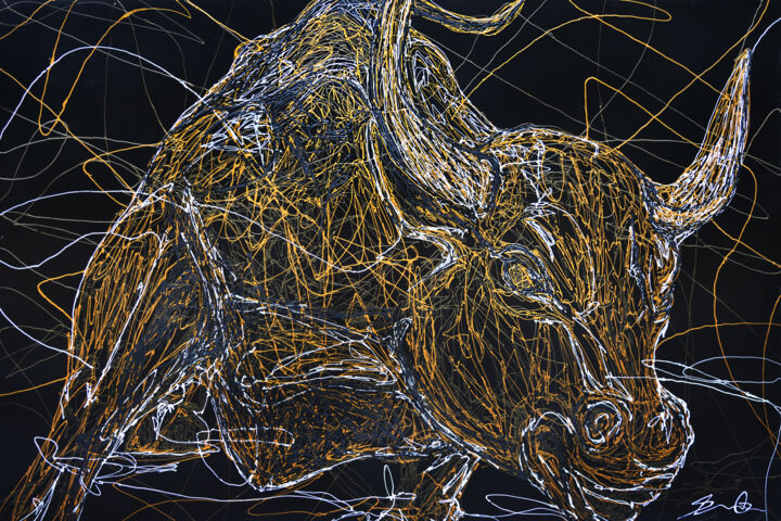 Peinture intitulée "Wall street bull" par Bernard Ouellette, Œuvre d'art originale, Acrylique Monté sur Panneau de bois