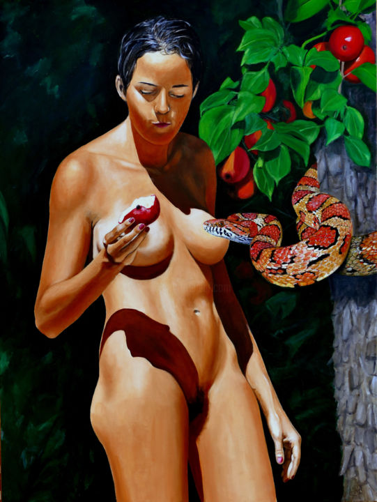 Painting titled "Eva, Apple, Snake" by Bert Coppens, Original Artwork, Acrylic