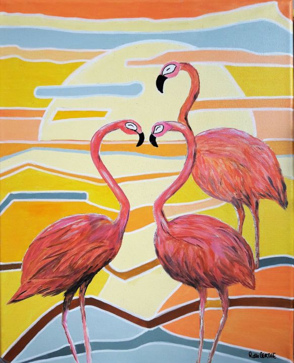 Painting titled "flamants" by Berthe Rosso, Original Artwork, Acrylic