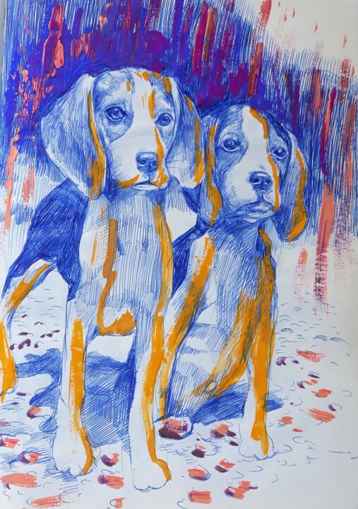Drawing titled "Two Dogs Are Waiting" by Berthold Von Kamptz, Original Artwork, Ballpoint pen