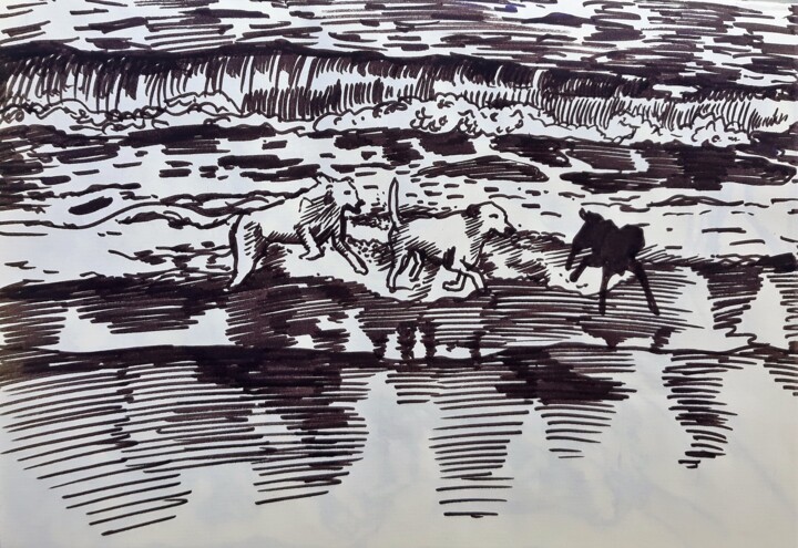 Рисунок под названием "Landscapes With Dogs" - Berthold Von Kamptz, Подлинное произведение искусства, Шариковая ручка