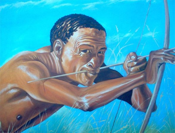 Painting titled "bushman hunter2" by Berthold Moyo, Original Artwork, Oil