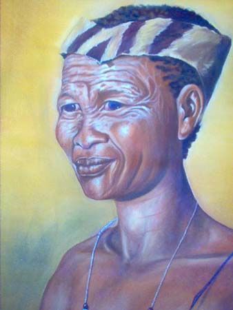 Painting titled "bushman woman" by Berthold Moyo, Original Artwork, Oil