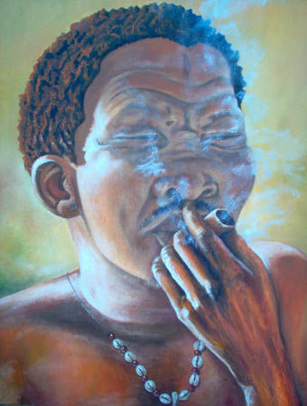 Pintura intitulada "bushman smoking" por Berthold Moyo, Obras de arte originais, Óleo