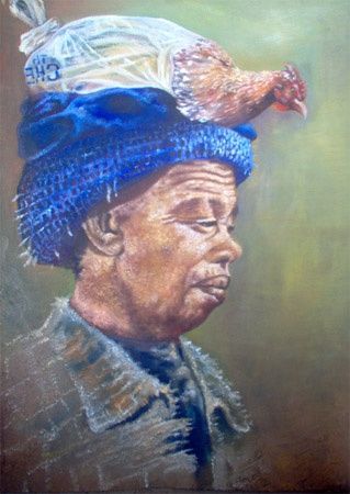 Painting titled "xmas chicken" by Berthold Moyo, Original Artwork, Oil