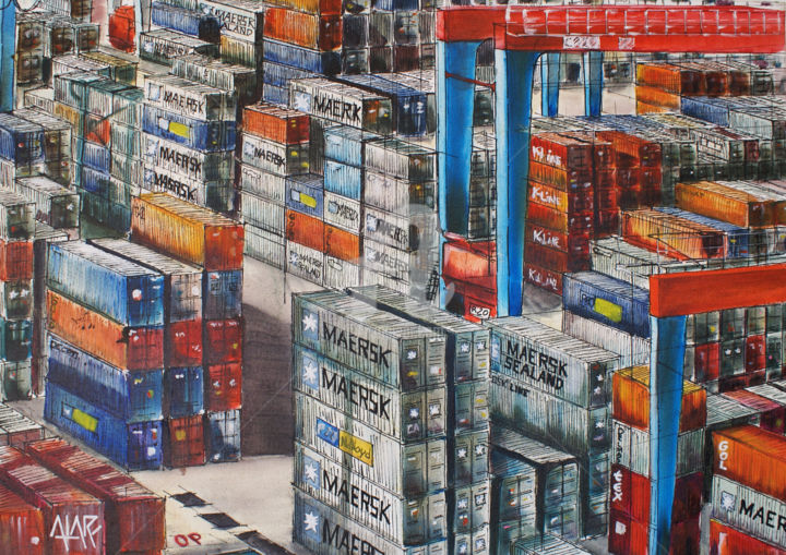 Painting titled "Containers" by Bertrand Alary, Original Artwork, Oil