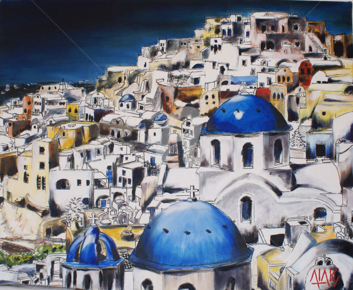 Malerei mit dem Titel "Grèce / Santorin" von Bertrand Alary, Original-Kunstwerk, Öl