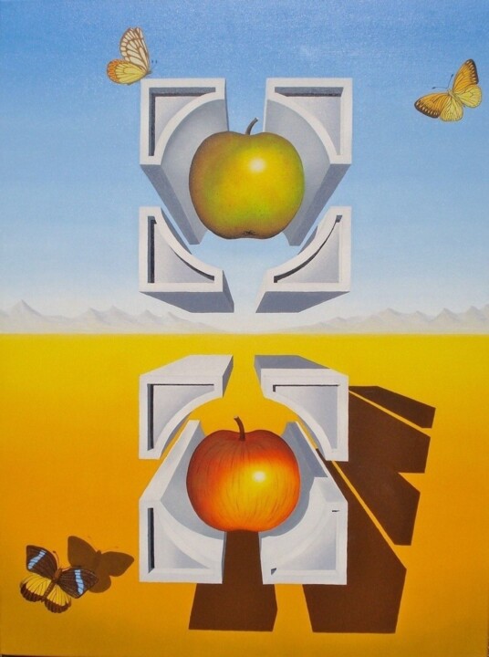Painting titled "DUO DE POMMES ATOMI…" by Bertrand Delogne, Original Artwork, Oil Mounted on Wood Stretcher frame