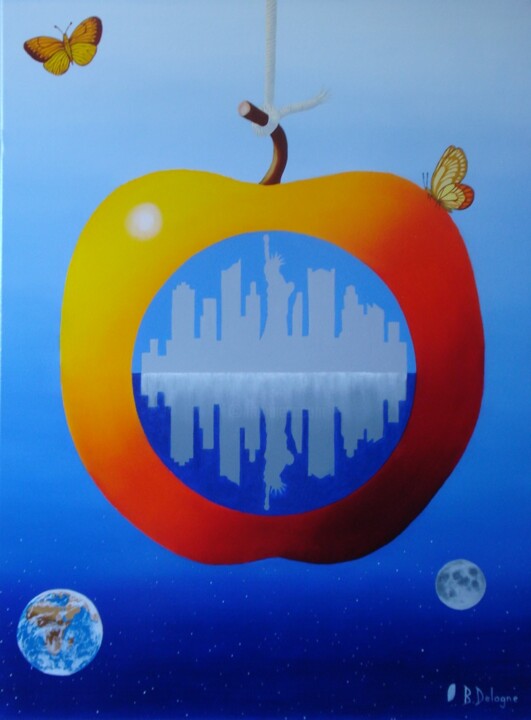 Painting titled "BIG  APPLE" by Bertrand Delogne, Original Artwork, Oil Mounted on Wood Stretcher frame