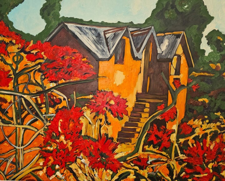 Painting titled "Red House - Madagas…" by Bertrand Gossart, Original Artwork, Oil Mounted on Wood Stretcher frame