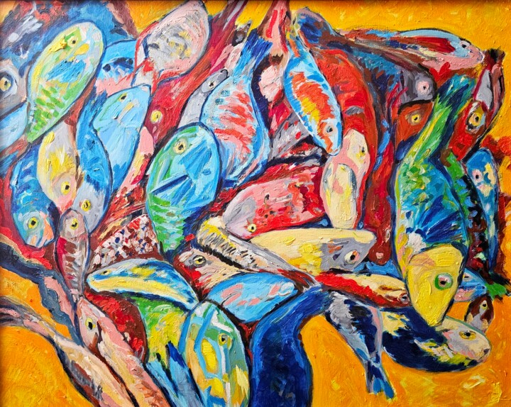 Painting titled "Fish array" by Bertrand Gossart, Original Artwork, Oil Mounted on Wood Stretcher frame