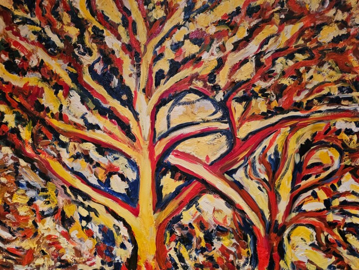 Painting titled "Trees - Red effect" by Bertrand Gossart, Original Artwork, Oil Mounted on Wood Stretcher frame