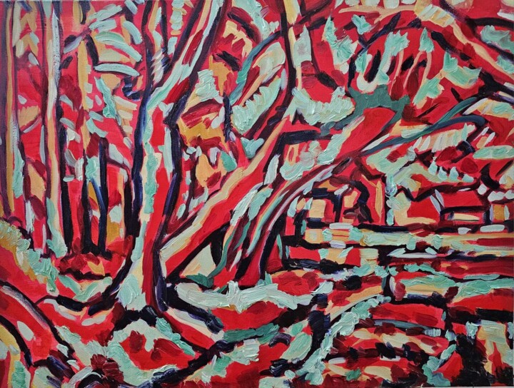 Картина под названием "Trees - Green effect" - Bertrand Gossart, Подлинное произведение искусства, Масло Установлен на Дерев…